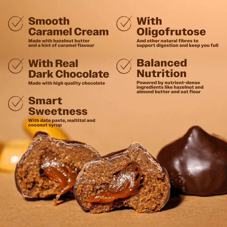 Cocoa Coated Protein Balls With Caramel Cream - Oh!My Snacks