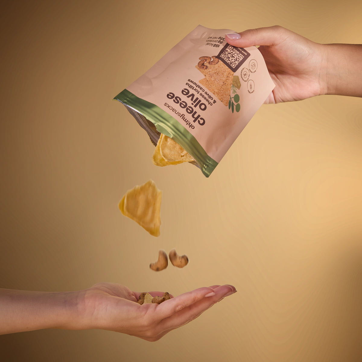 Salty Fusion Cheese Olive Tortilla poured from the packet into a hand